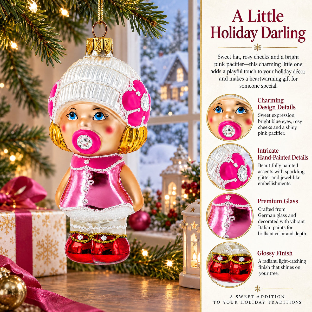Toddler Girl With Pacifier Glass Christmas Ornament