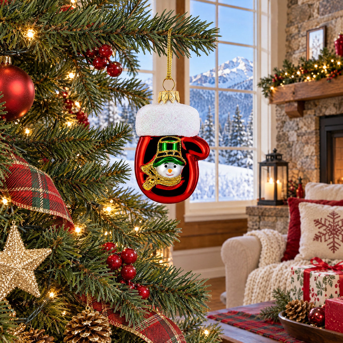 Red Mitten with Snowman Glass Christmas Ornament