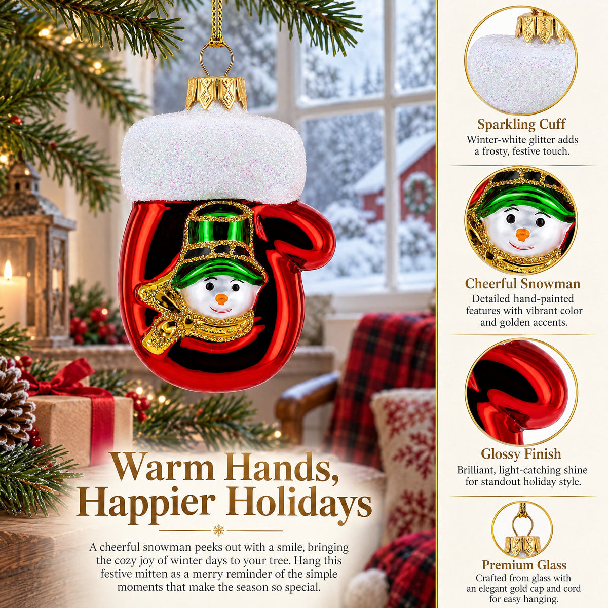 Red Mitten with Snowman Glass Christmas Ornament