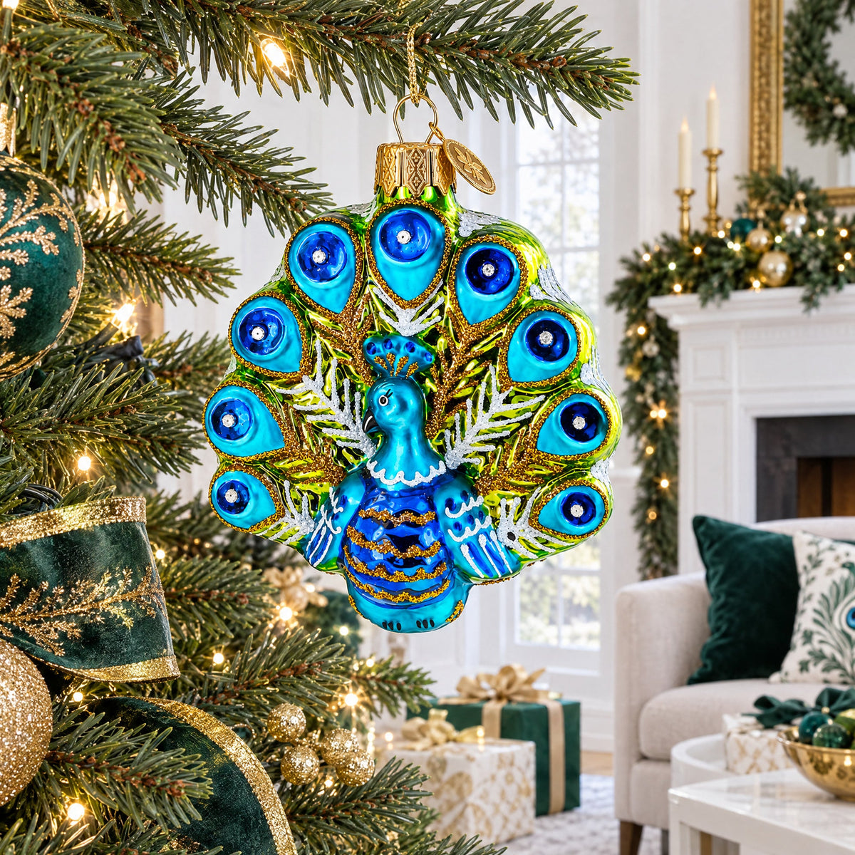 Festive Peacock Glass Christmas Ornament