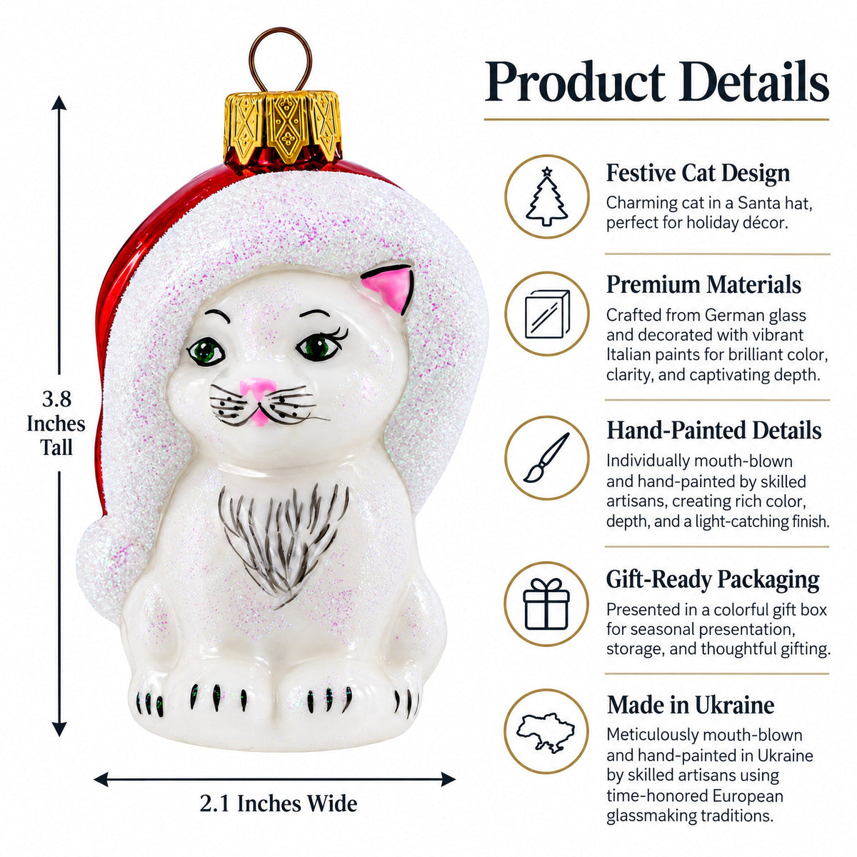 White Cat In Santa Hat Glass Christmas Ornament
