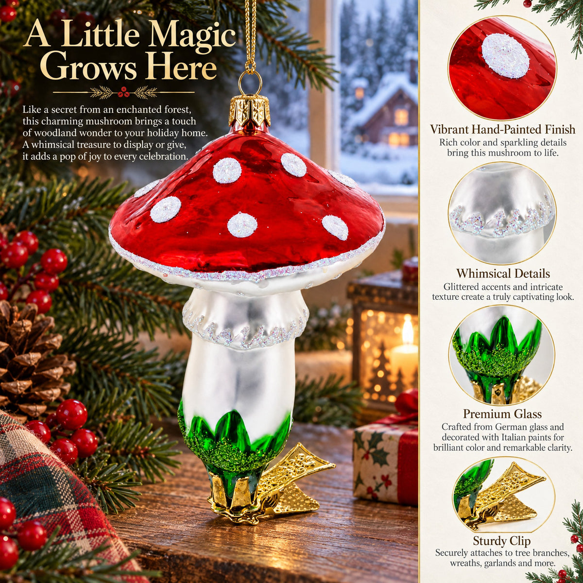 Mushroom Clip on Glass Ornaments