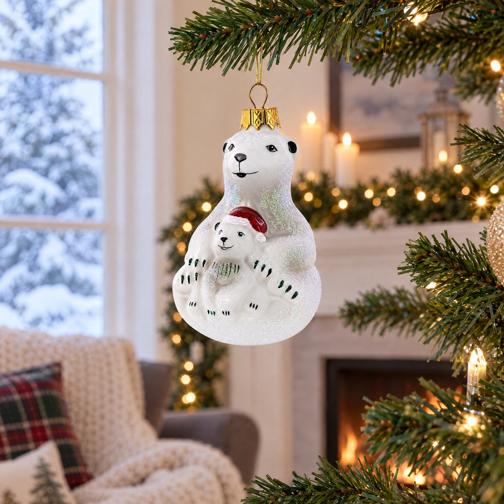 Mother Bear with Cub Glass Christmas Ornament