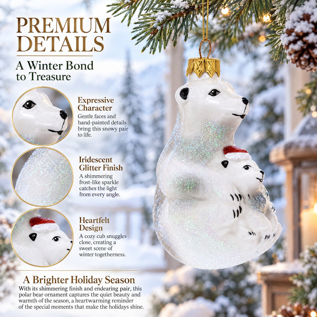 Mother Bear with Cub Glass Christmas Ornament
