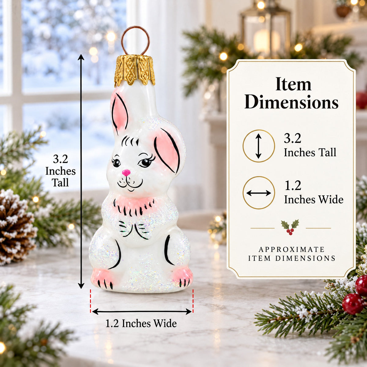 Whimsical White Rabbit with Pink Ears Glass Christmas Ornament