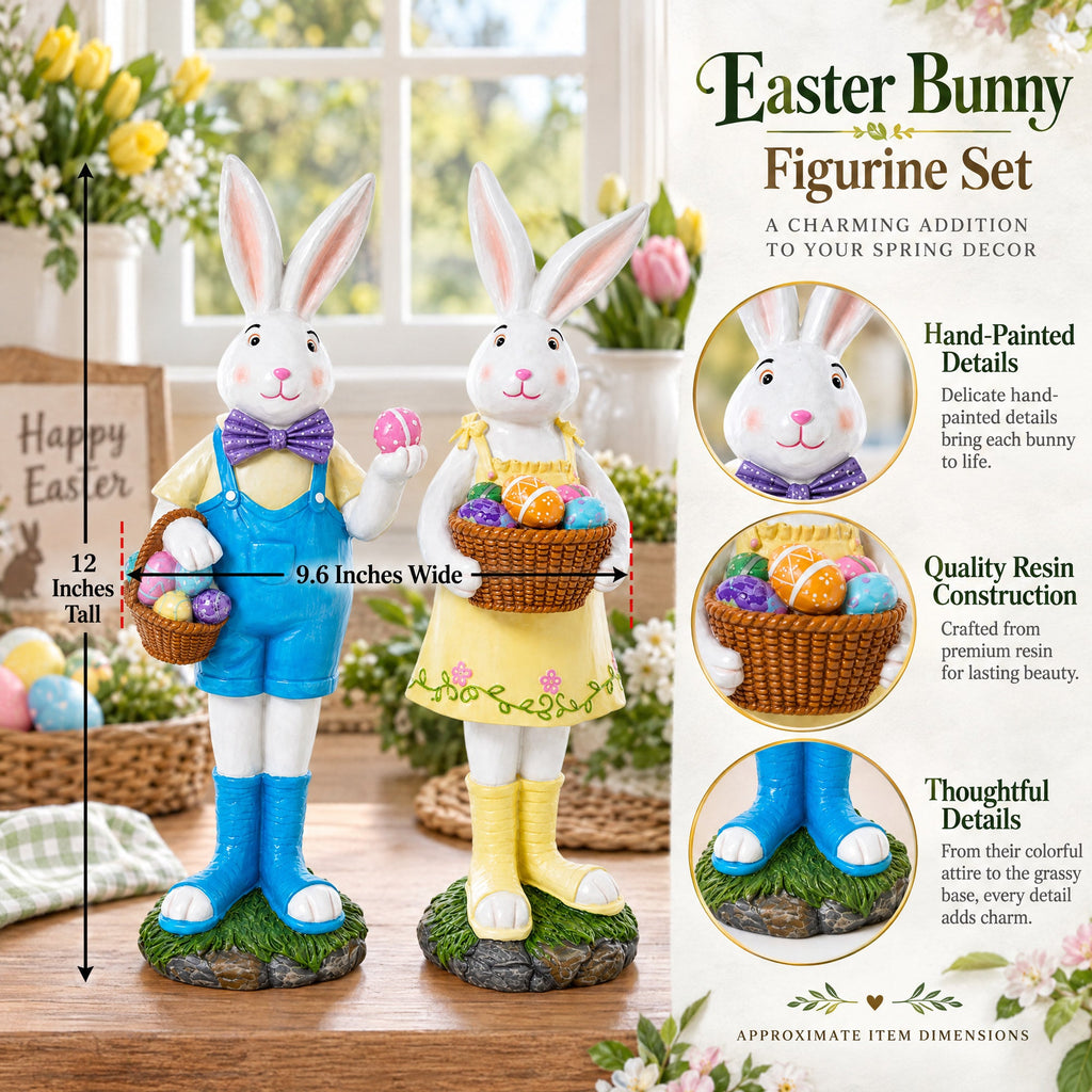 Set of 2 Resin Spring Bunnies With Eggs Figurine Centerpiece Display 12 Inches Tall