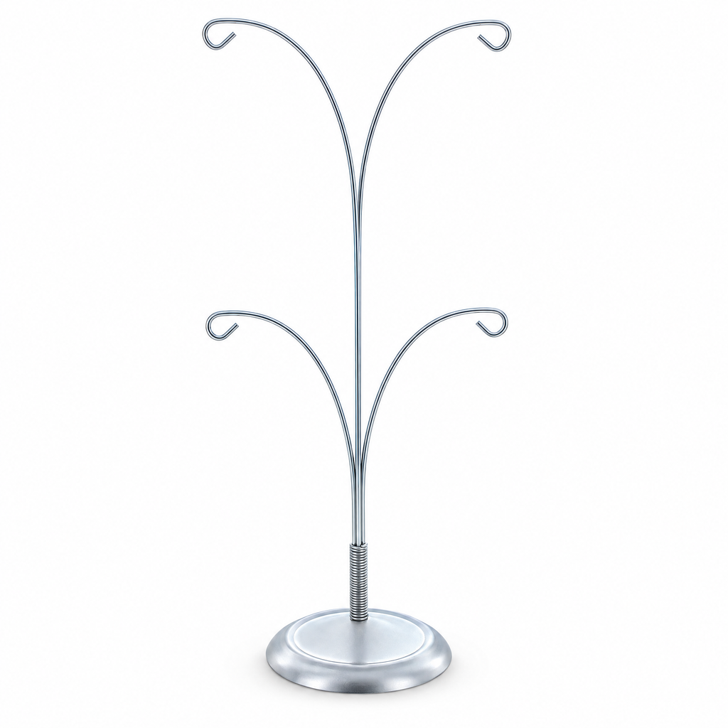 4-Arm Tree Branch Silver Metal Ornament Display Stand 12 Inches