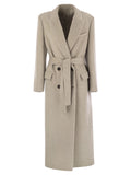 Brunello Cucinelli Women Double-Breasted Coat In Virgin Wool And Cashmere Cloth With Jewellery