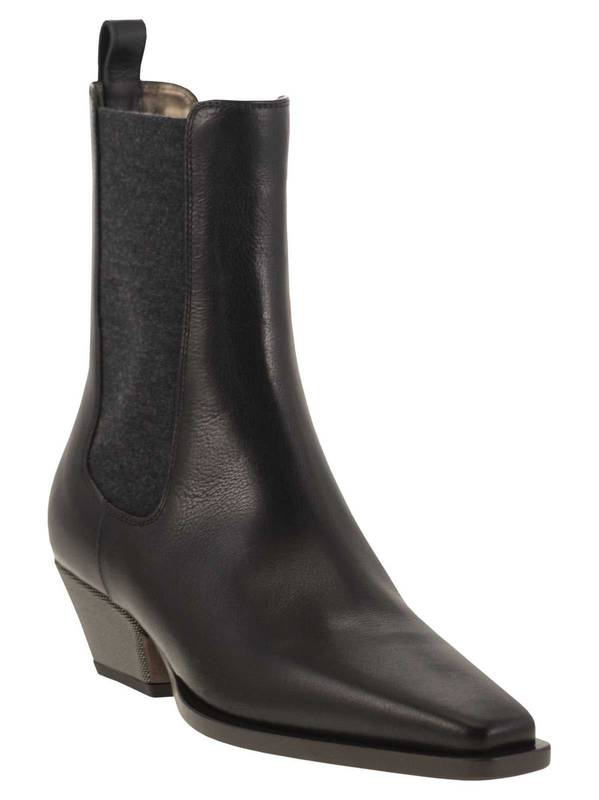 Brunello Cucinelli Women Classic Leather Chelsea Boot With Precious Block Heels