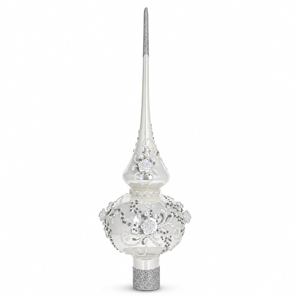 White Roses and Pearls on Glossy White Glass Christmas Tree Topper 11 Inches