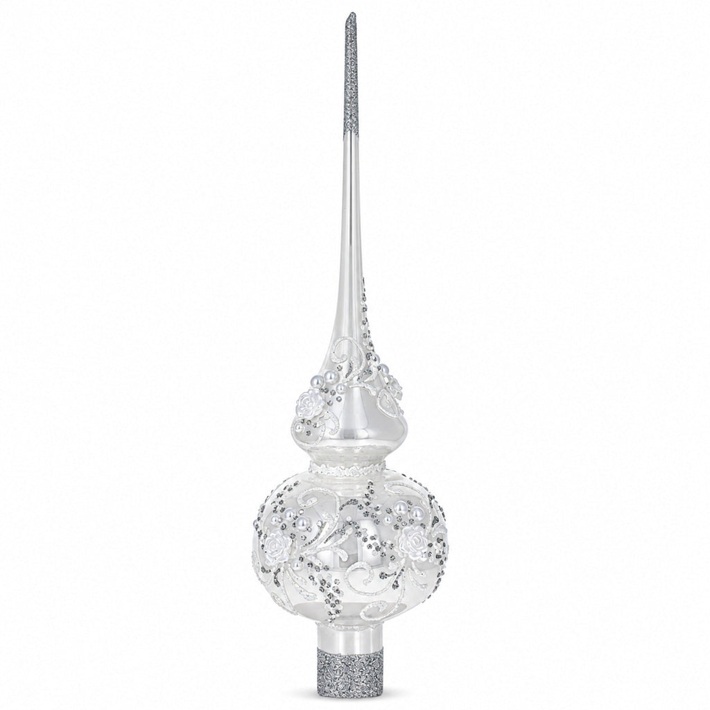 White Roses and Pearls on Glossy White Glass Christmas Tree Topper 11 Inches
