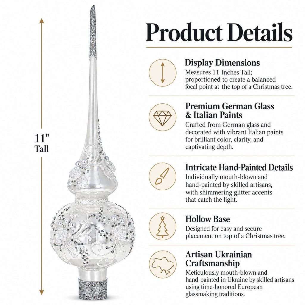White Roses and Pearls on Glossy White Glass Christmas Tree Topper 11 Inches