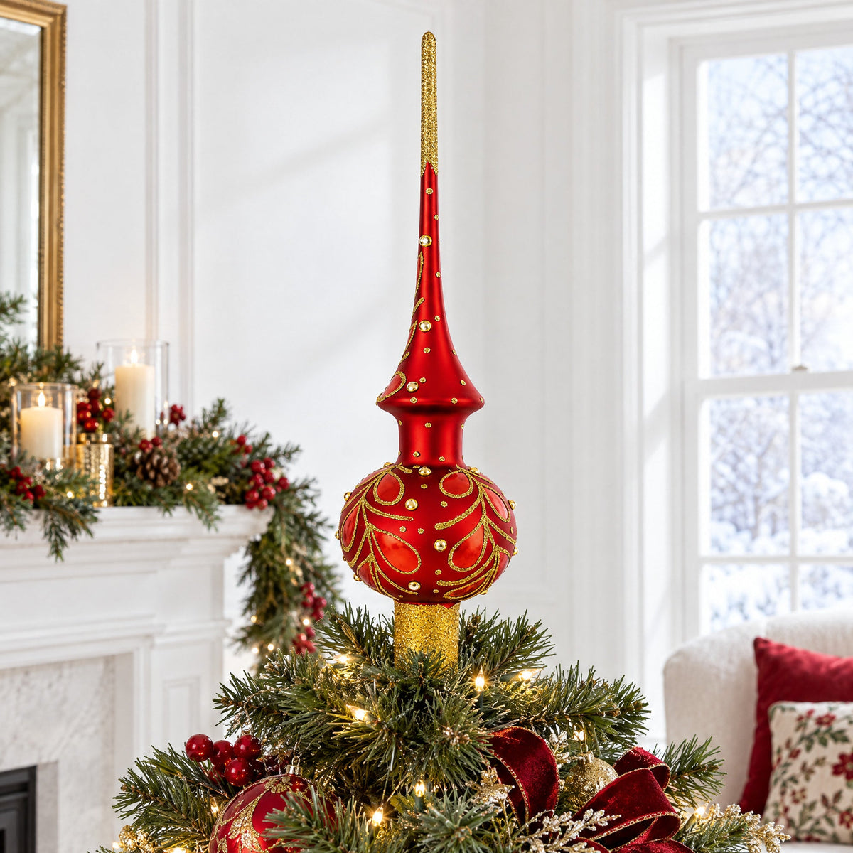 Red Paisley Glass Christmas Tree Topper 11 Inches