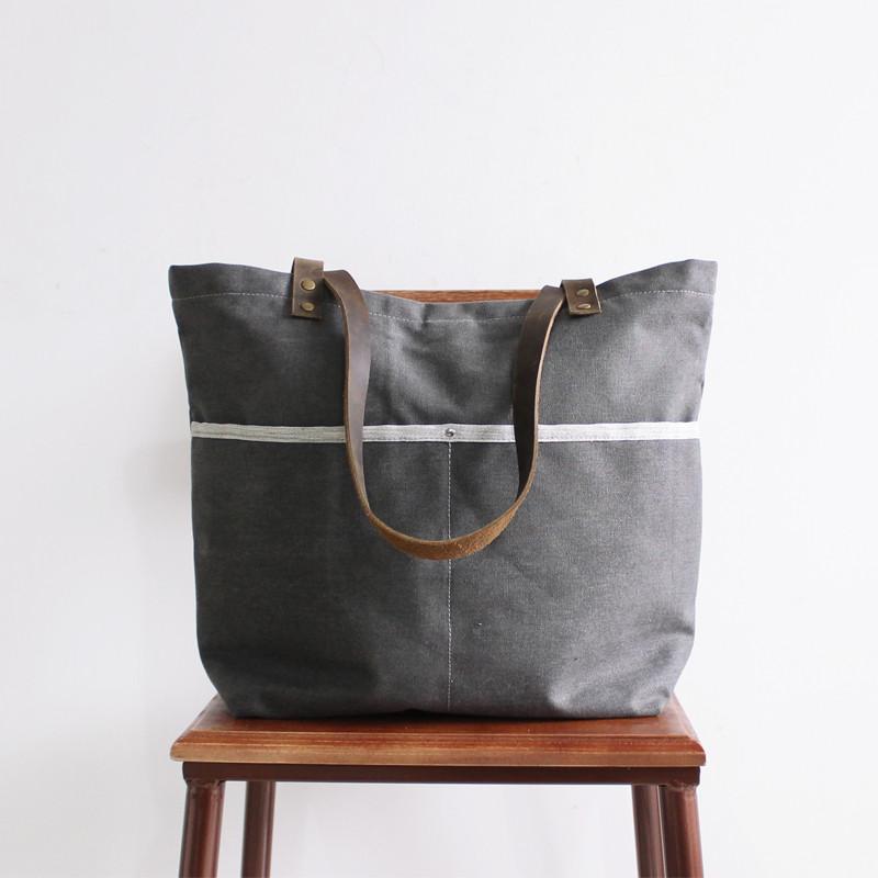 Handmade Canvas Tote Bag, Shoulder Bag With Leather Handle, School Bag