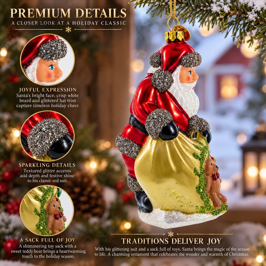 Santa with Toy Sack Glass Christmas Ornament