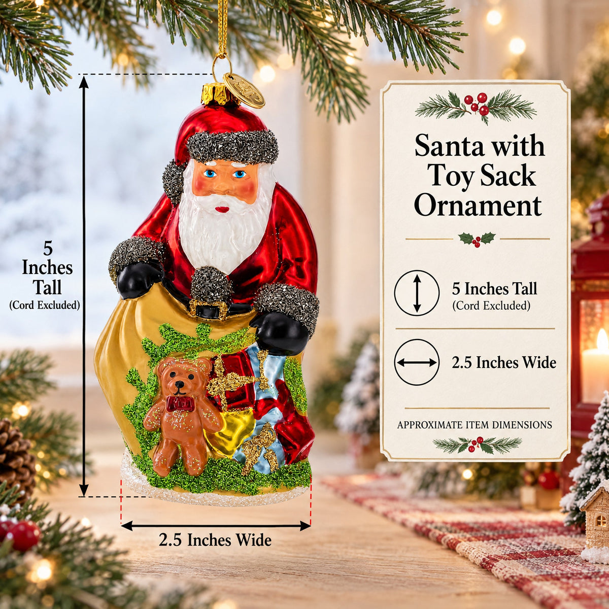 Santa with Toy Sack Glass Christmas Ornament