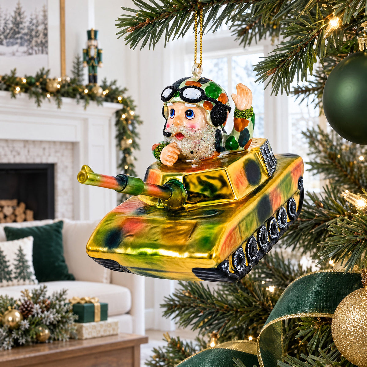 Santa the Tank Commander Glass Christmas Ornament