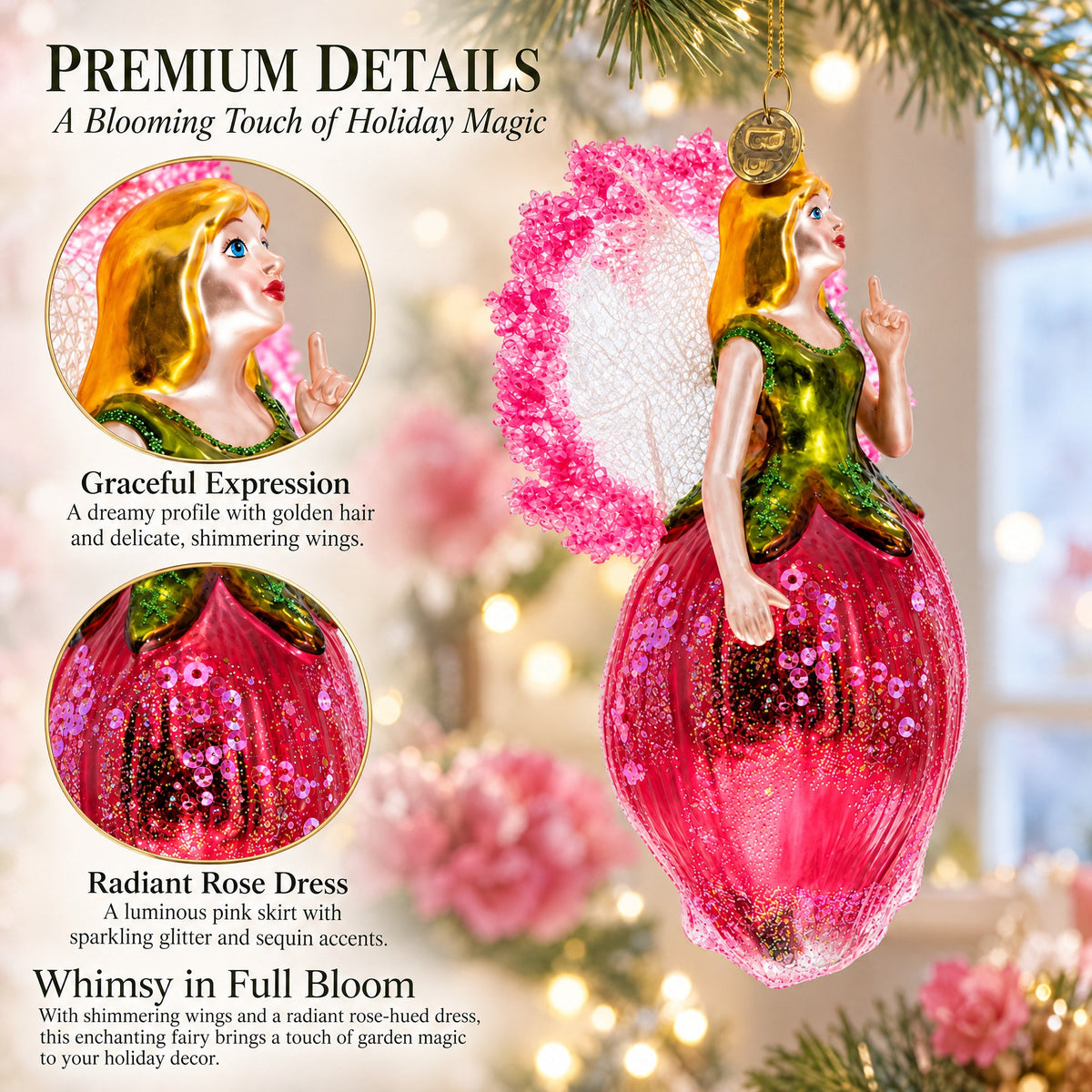 Enchanting Fairy in a Rose Dress Glass Christmas Ornament