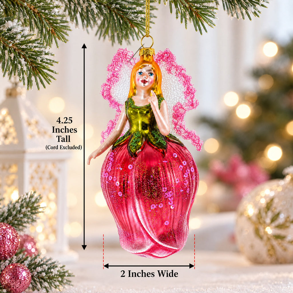 Enchanting Fairy in a Rose Dress Glass Christmas Ornament