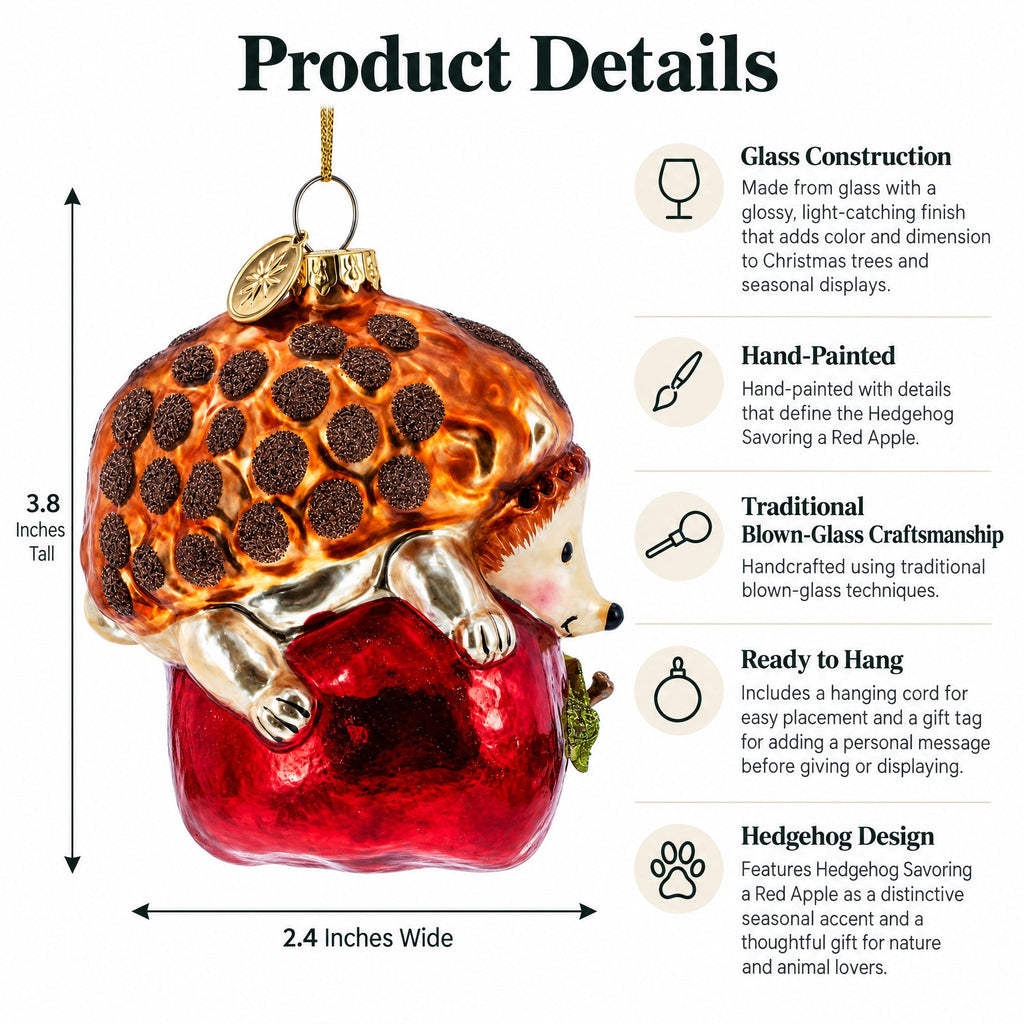 Hedgehog Savoring a Red Apple Glass Christmas Ornament