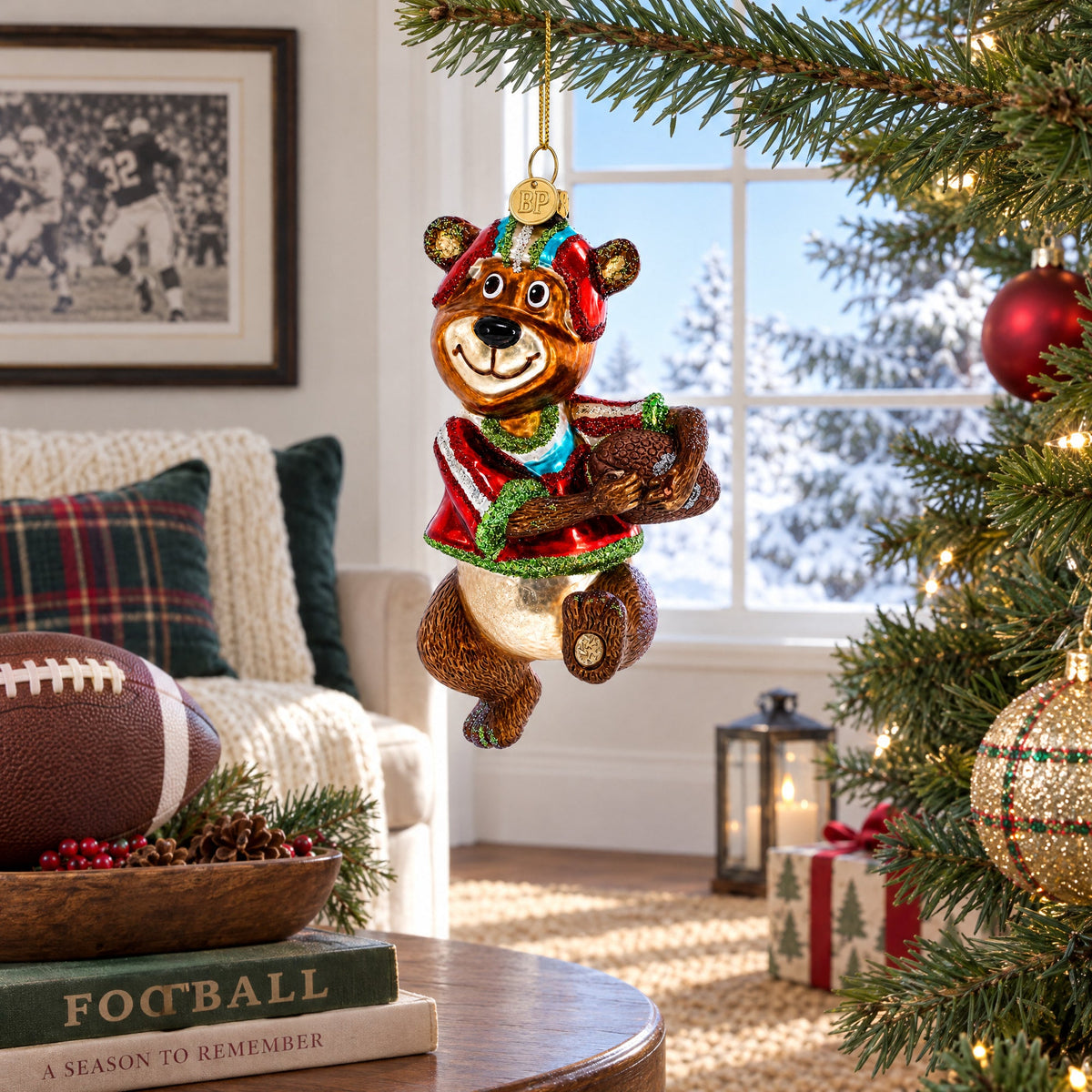 Bear Engaged in Football Glass Christmas Ornament