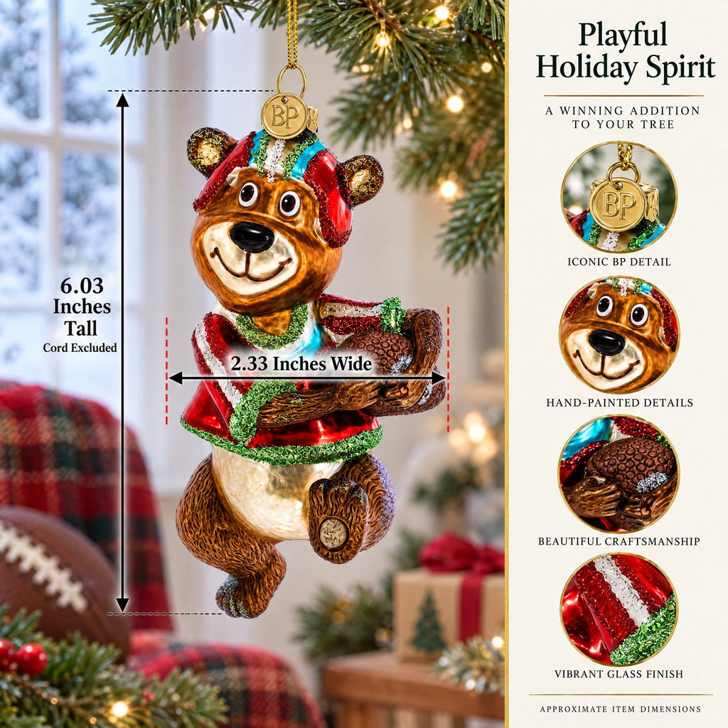 Bear Engaged in Football Glass Christmas Ornament