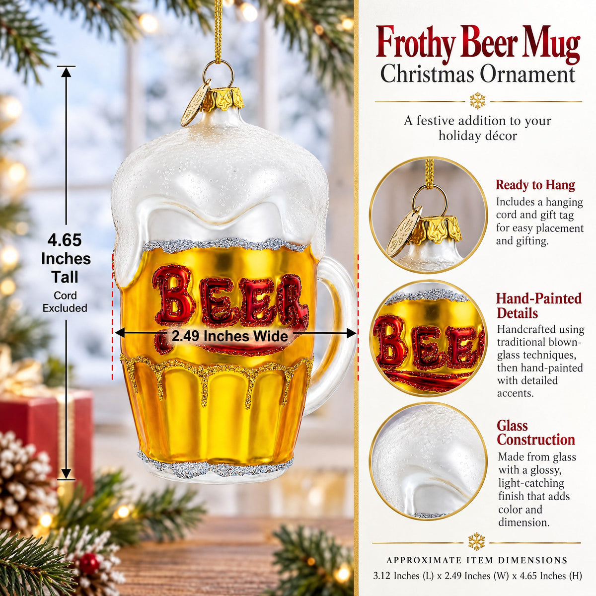 Frothy Beer Mug Glass Christmas Ornament