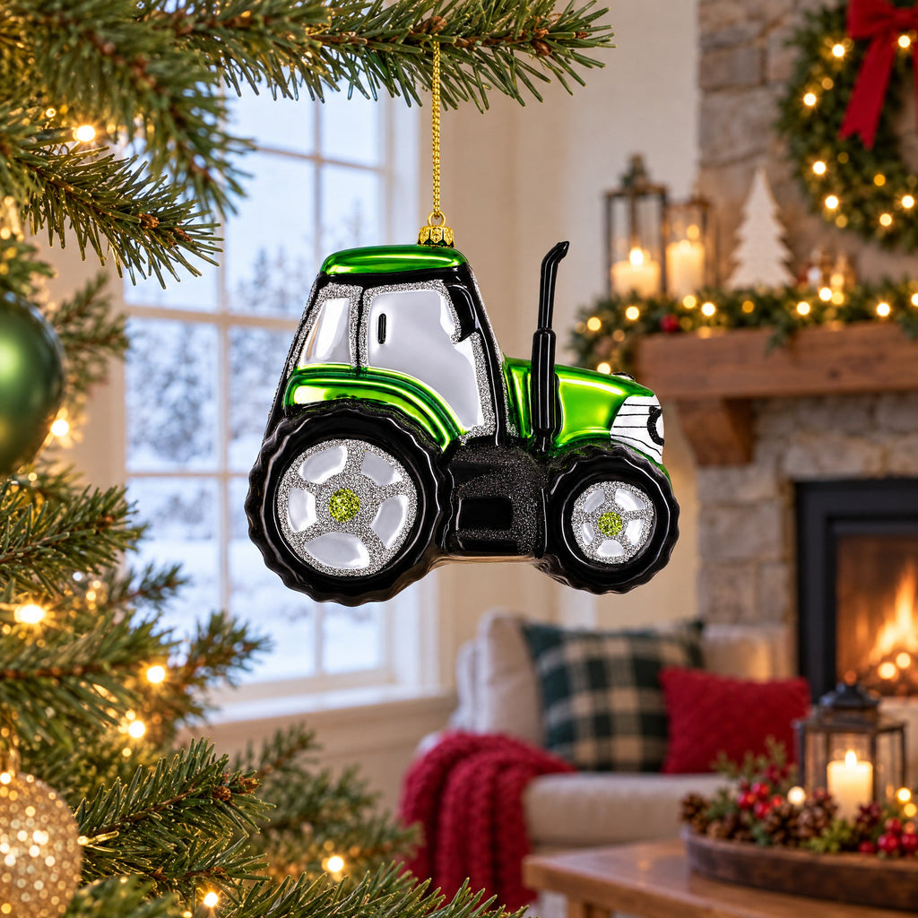 Rustic Green Tractor Glass Christmas Ornament