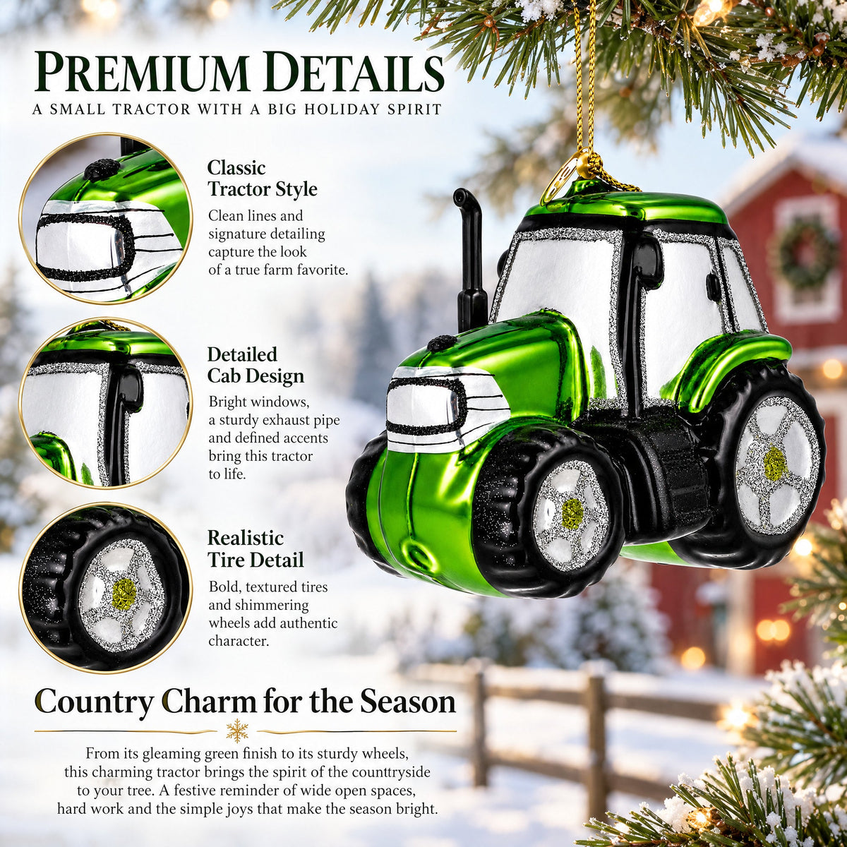 Rustic Green Tractor Glass Christmas Ornament