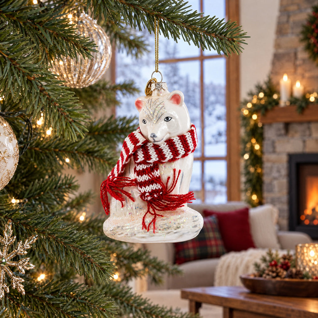 Arctic Fox with Scarf Glass Christmas Ornament