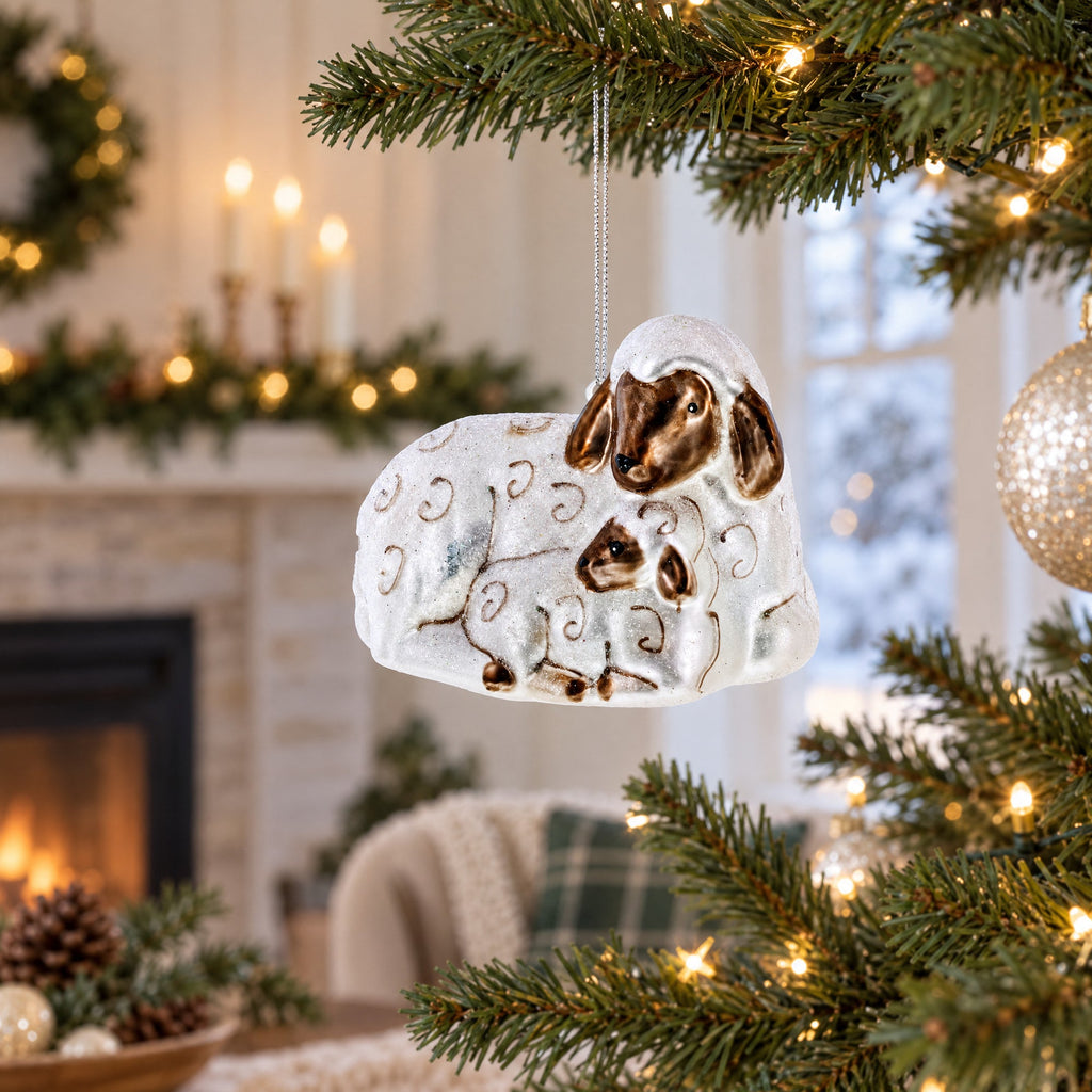 Sheep Family Glass Christmas Ornament