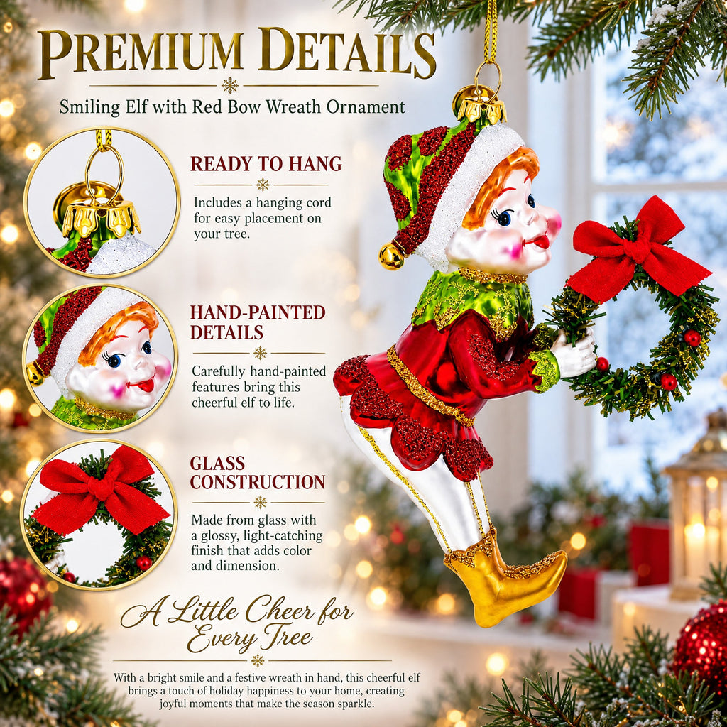 Smiling Elf with Red Bow Wreath Glass Christmas Ornament