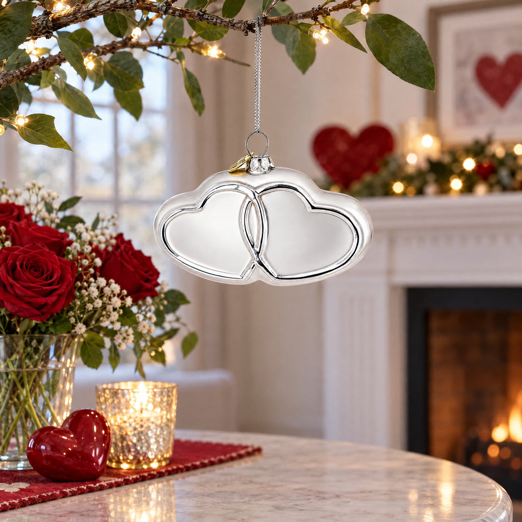 Linked Silver Hearts Glass Christmas Ornament