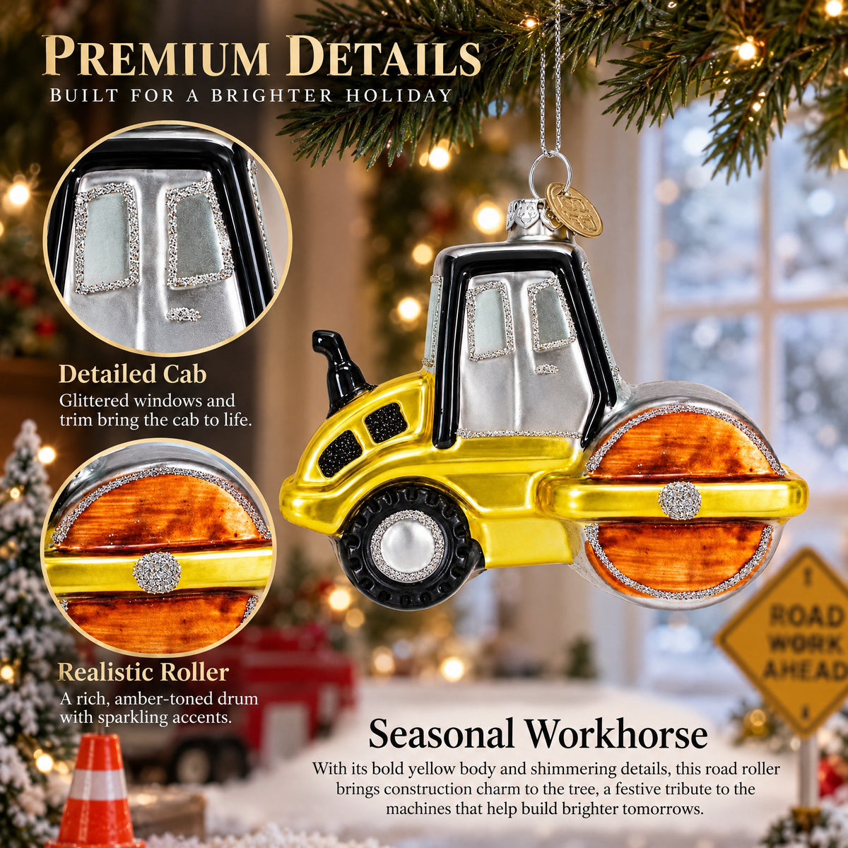 Road Roller Glass Christmas Ornament