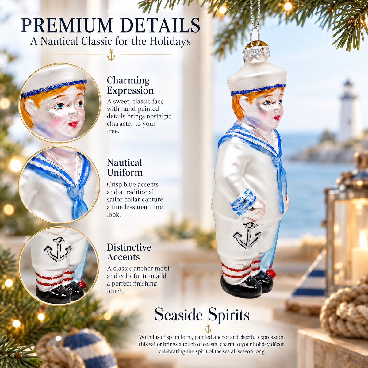Nautical Sailor Glass Christmas Ornament