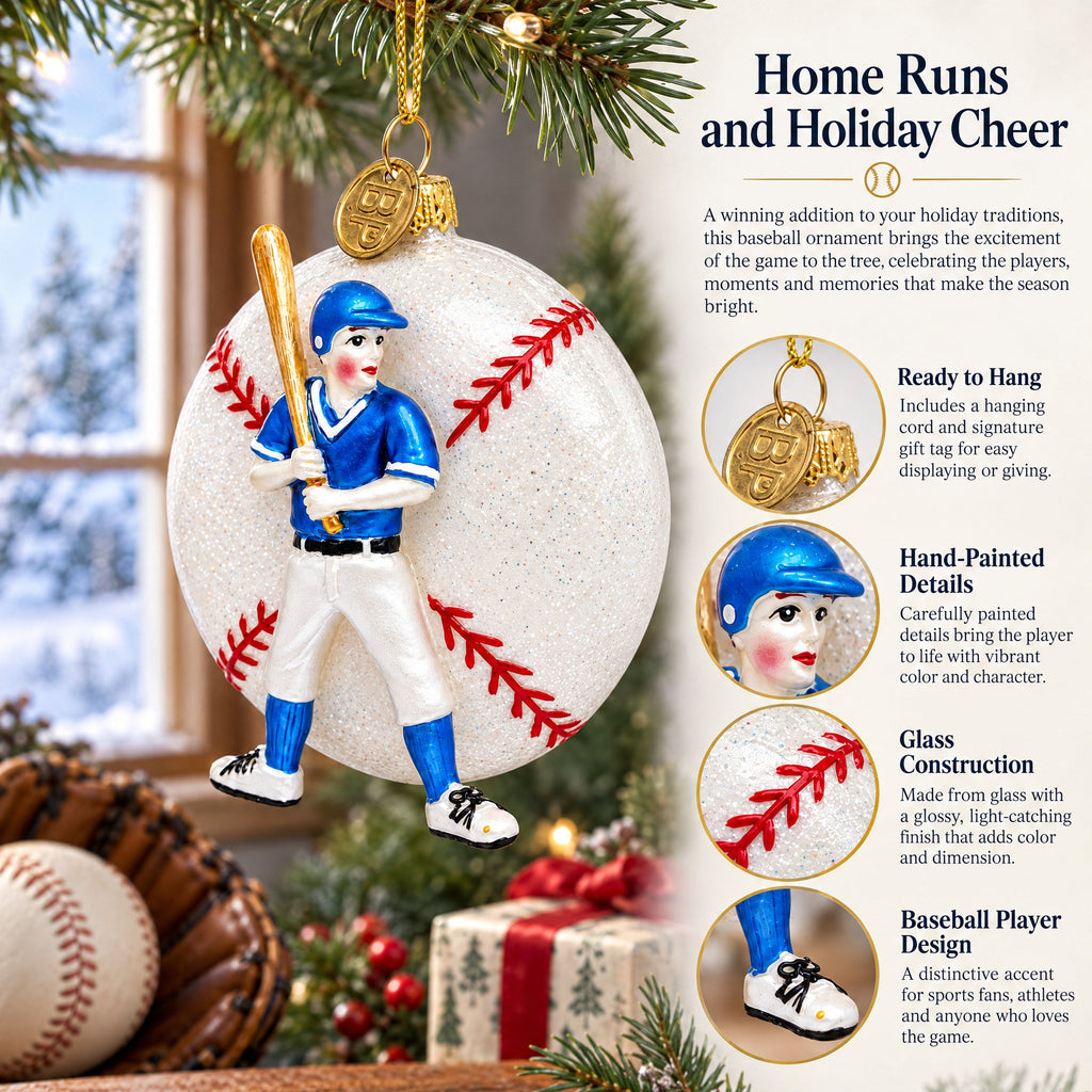 Baseball Player Glass Christmas Ornament