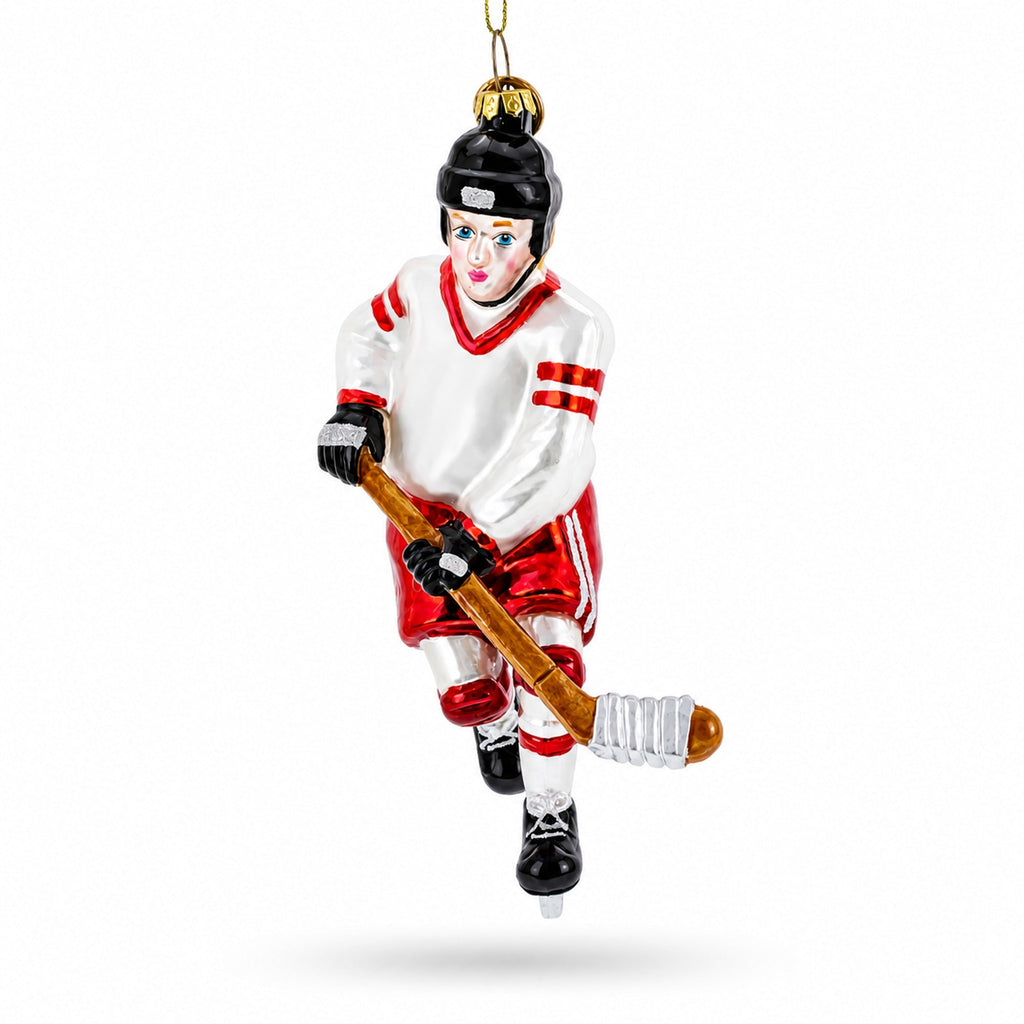 Hockey Player Glass Christmas Ornament