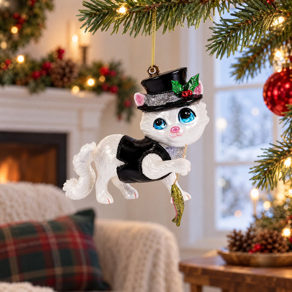 Cat in Black Costume Holding Fish Glass Christmas Ornament
