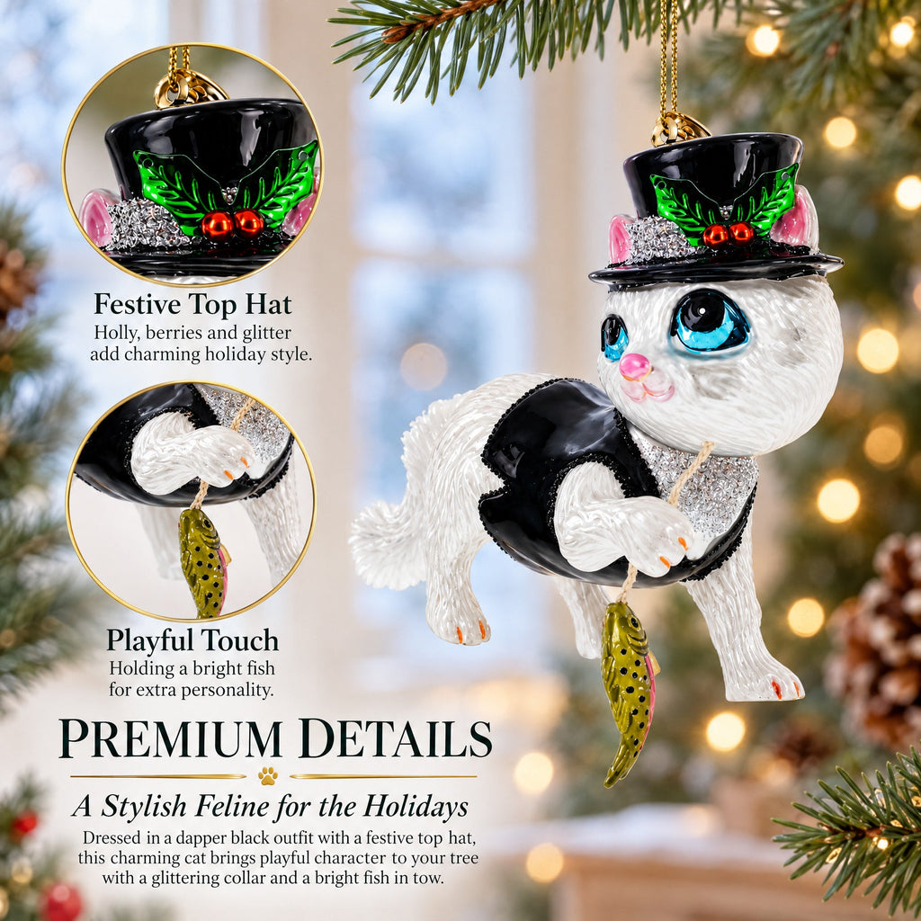 Cat in Black Costume Holding Fish Glass Christmas Ornament