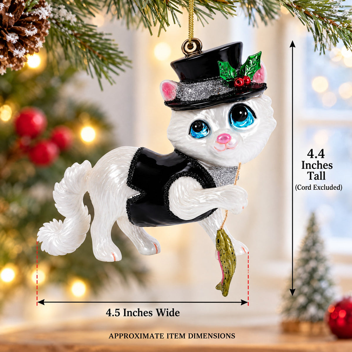 Cat in Black Costume Holding Fish Glass Christmas Ornament