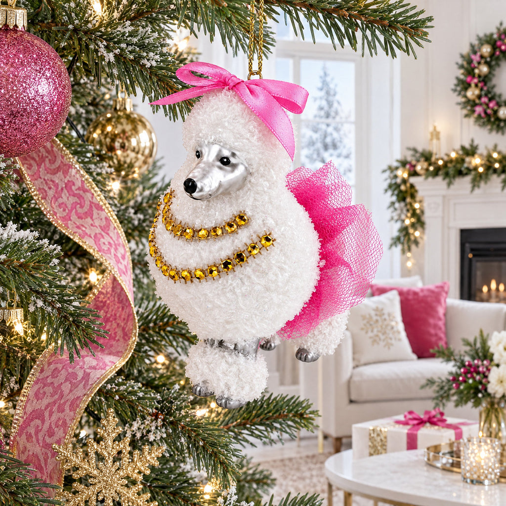Elegant White Poodle Glass Christmas Ornament