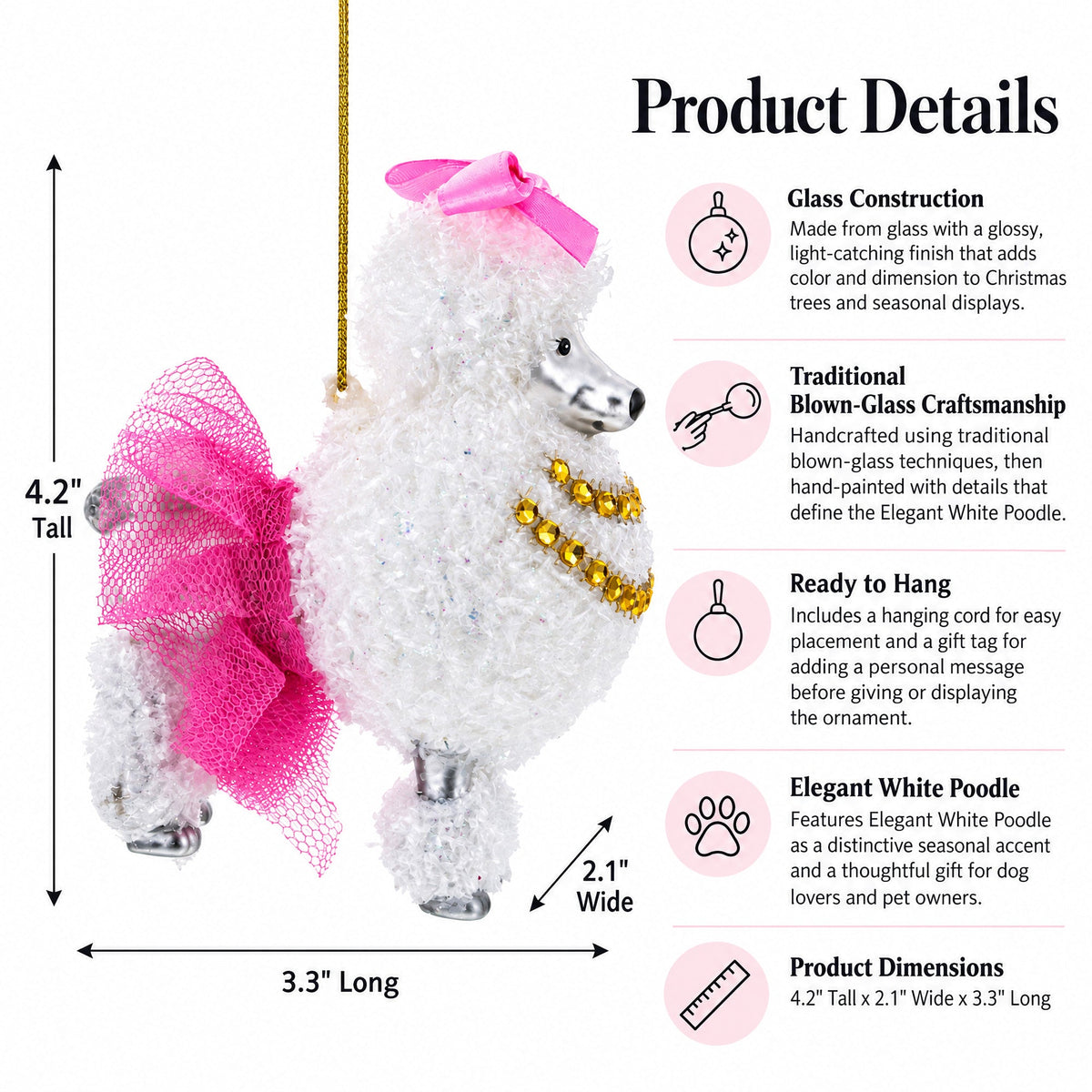 Elegant White Poodle Glass Christmas Ornament