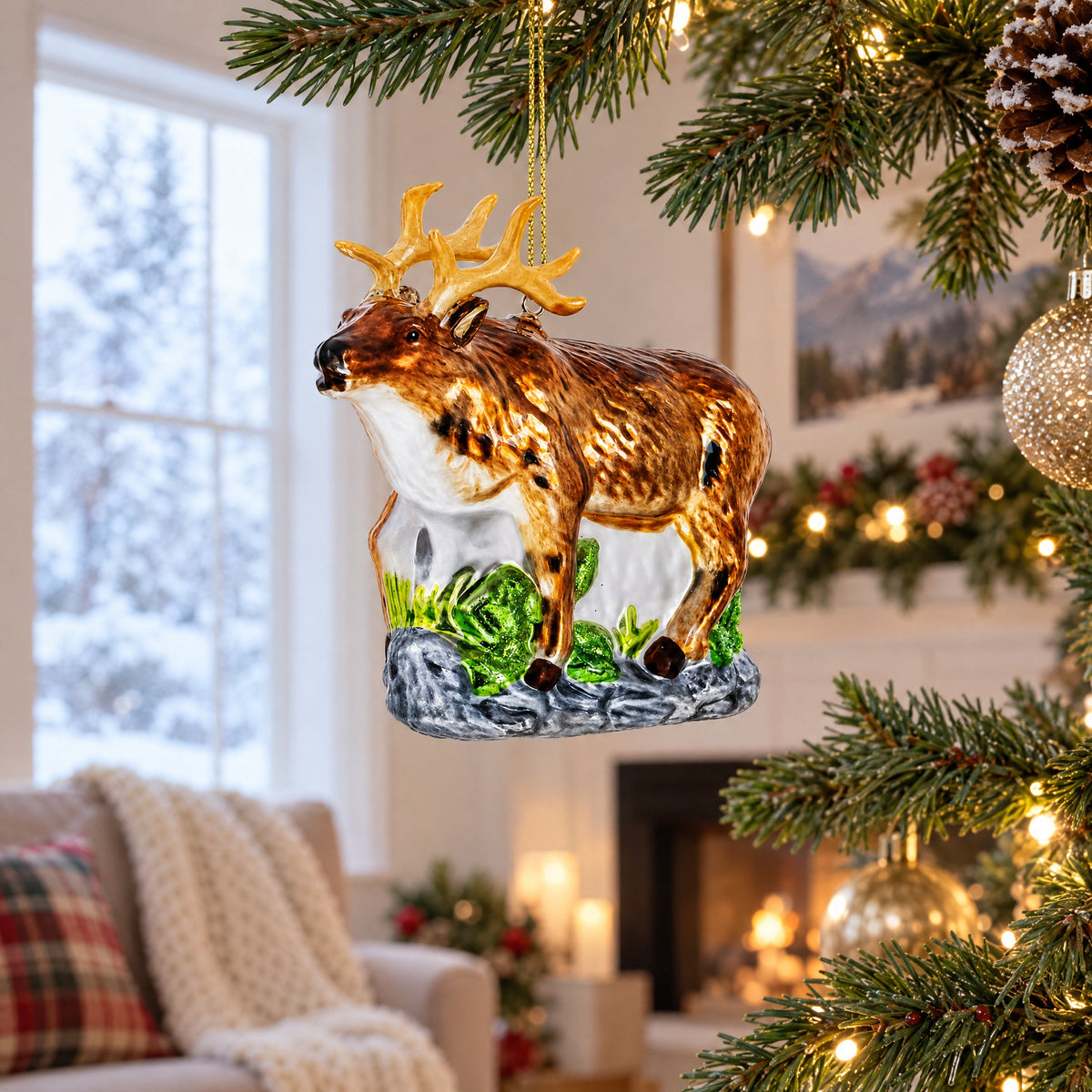Reindeer on Grass Glass Christmas Ornament
