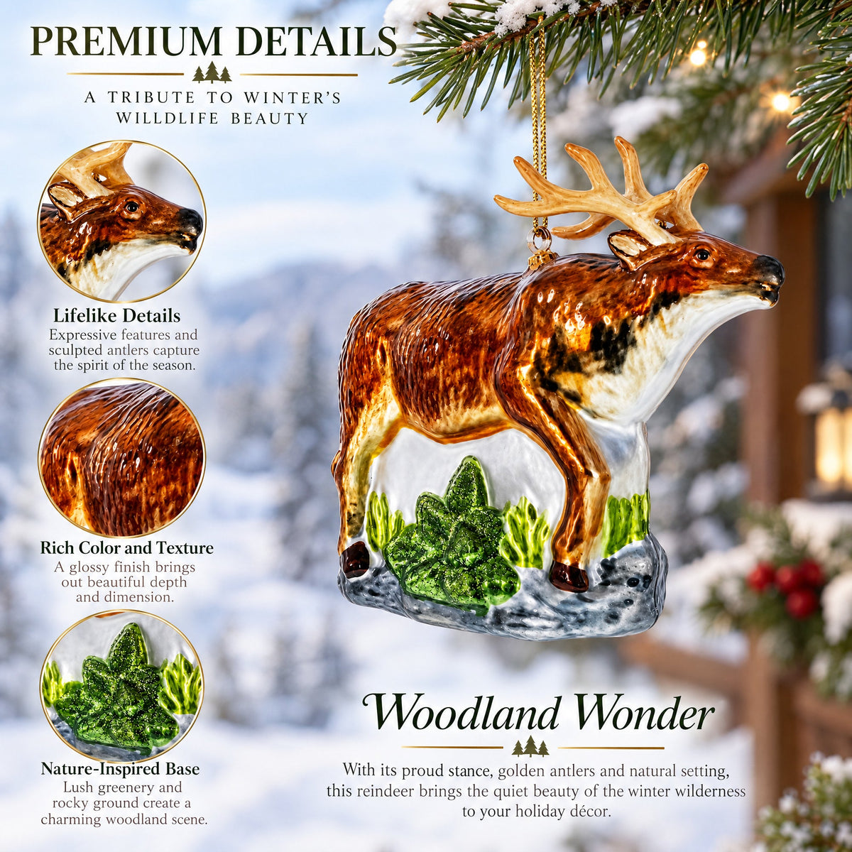 Reindeer on Grass Glass Christmas Ornament