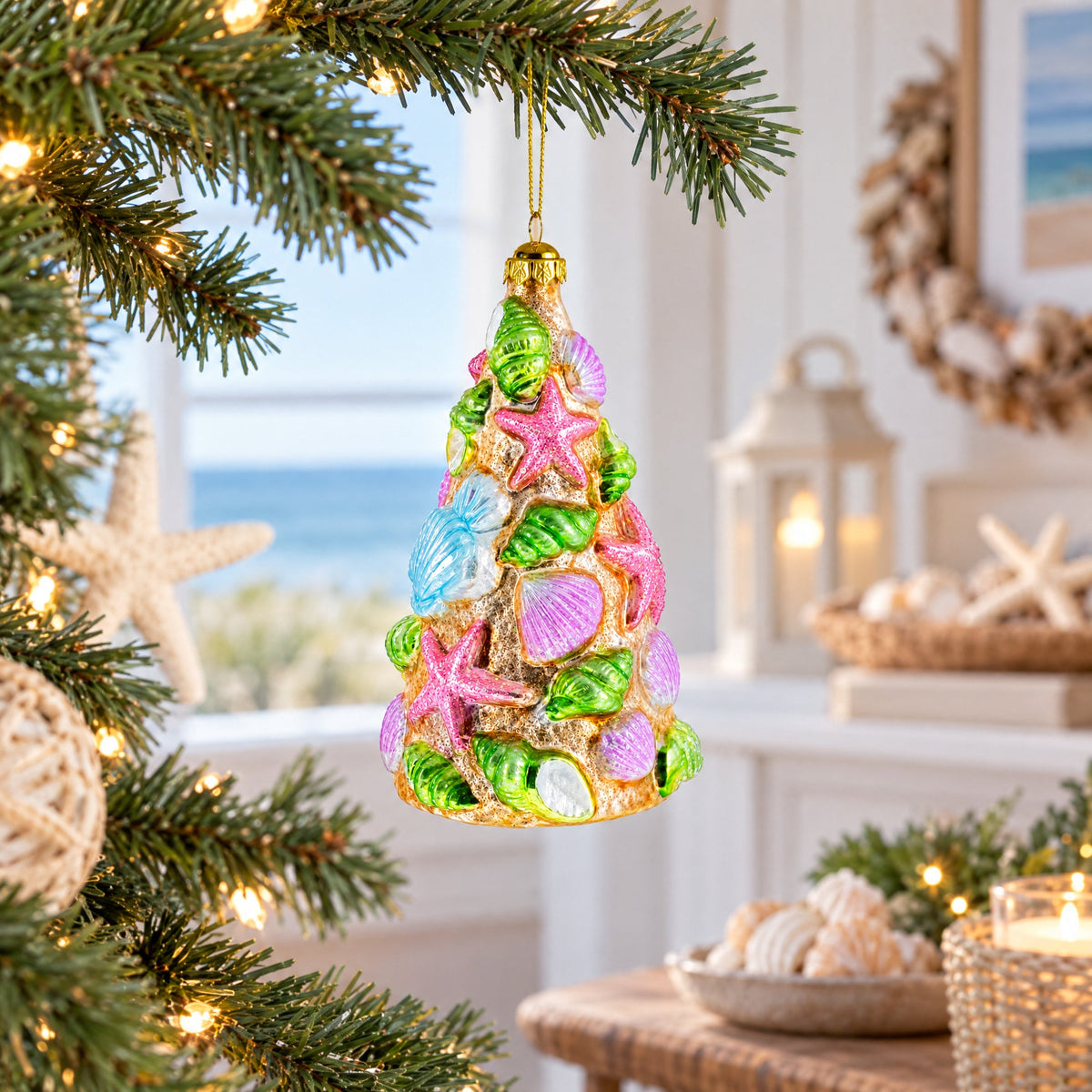 Seashell Christmas Tree Glass Ornament
