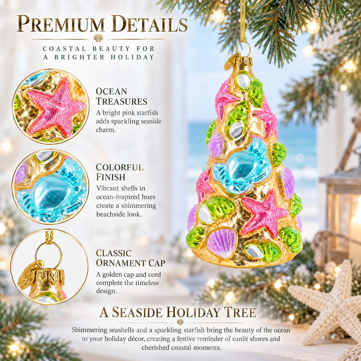 Seashell Christmas Tree Glass Ornament