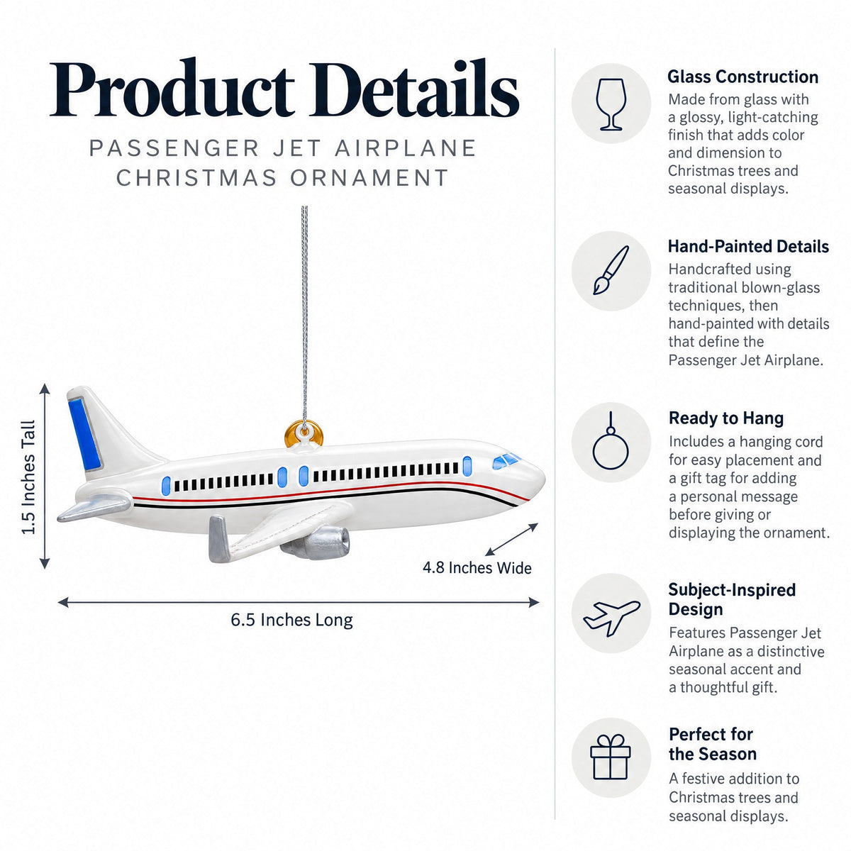 Passenger Jet Airplane Glass Christmas Ornament