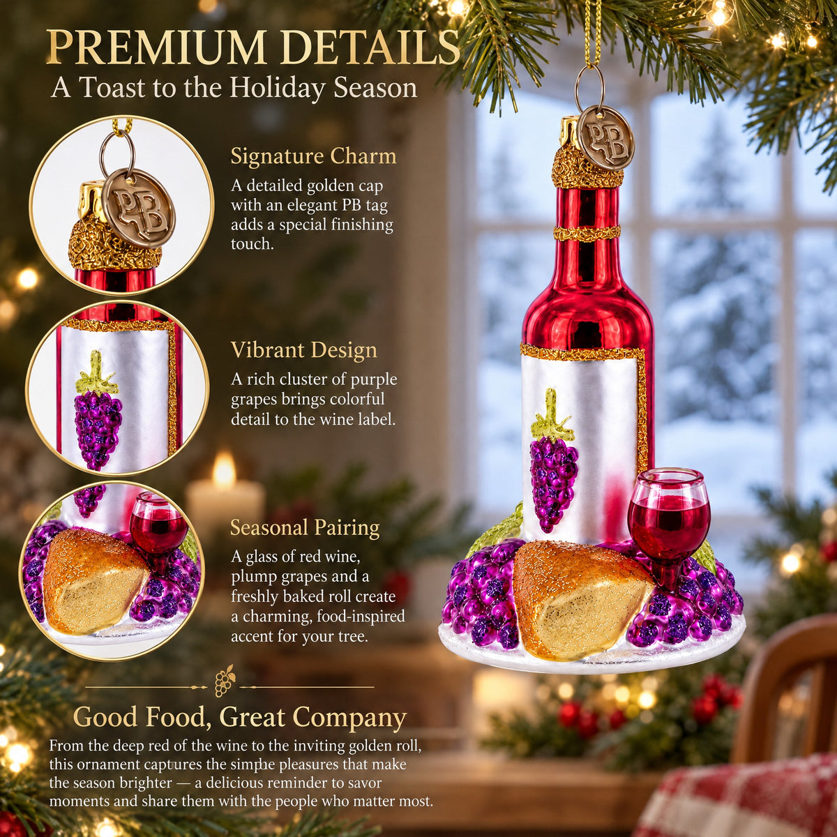 Red Wine with Snacks Glass Christmas Ornament