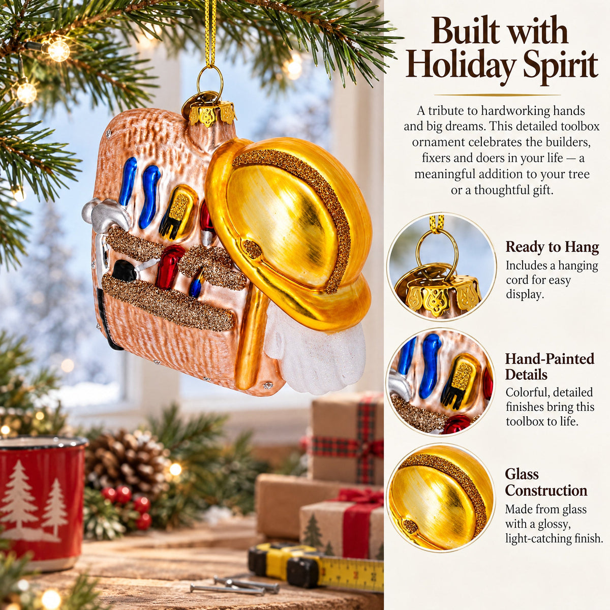 Construction Worker Toolbox Glass Christmas Ornament