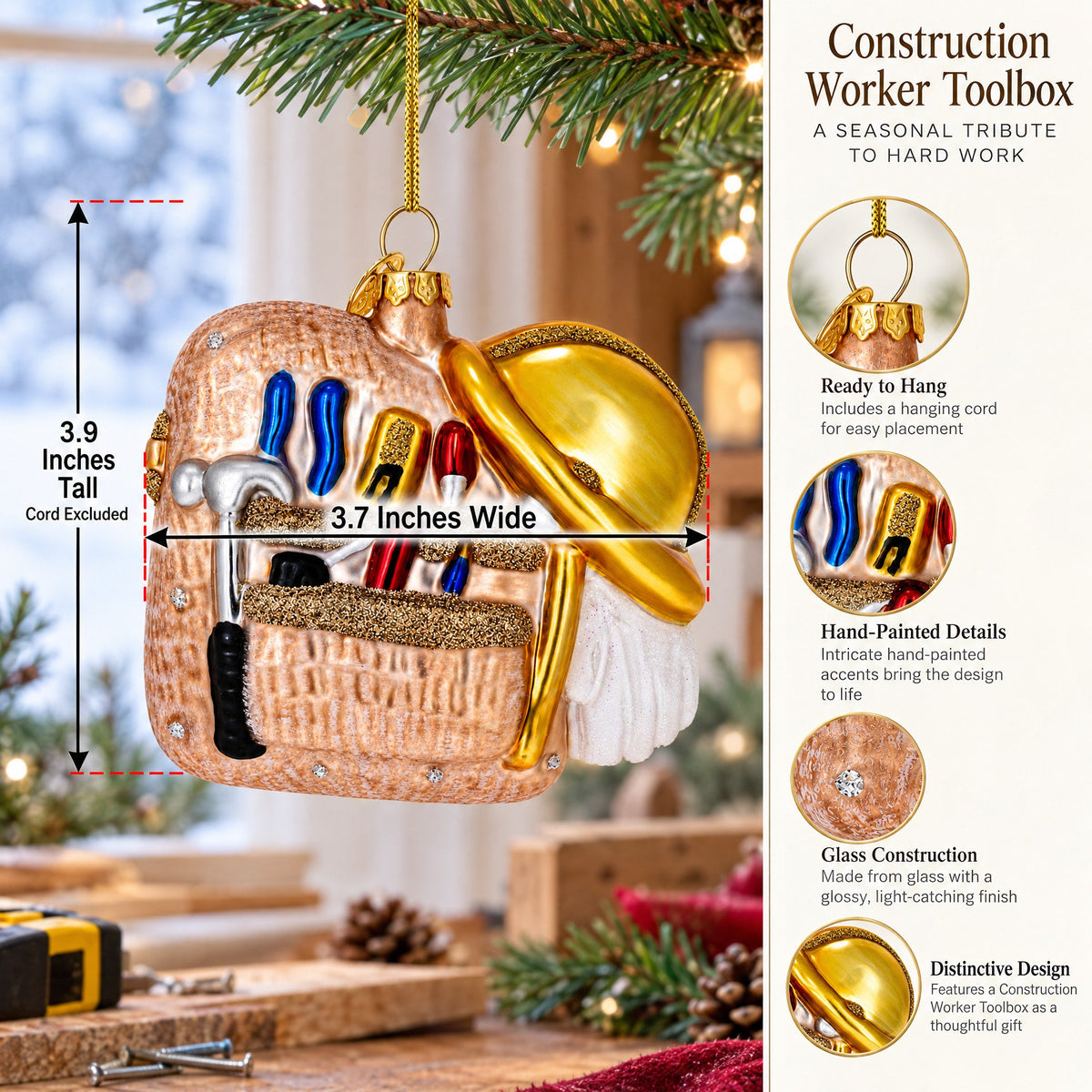 Construction Worker Toolbox Glass Christmas Ornament